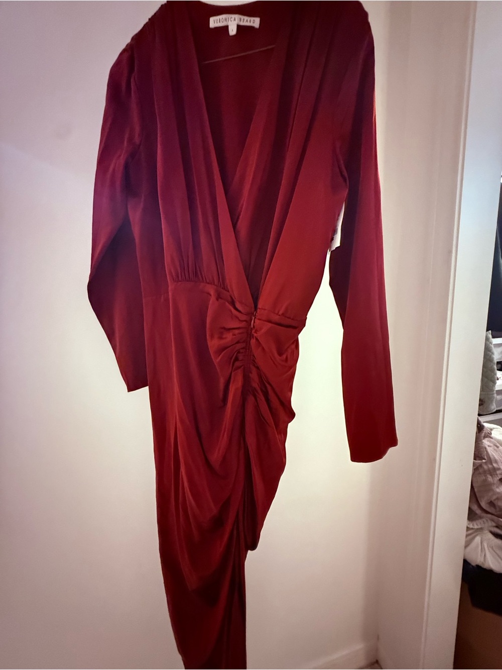 Veronica Beard Long-Sleeve Casela Wine Red Midi Dress